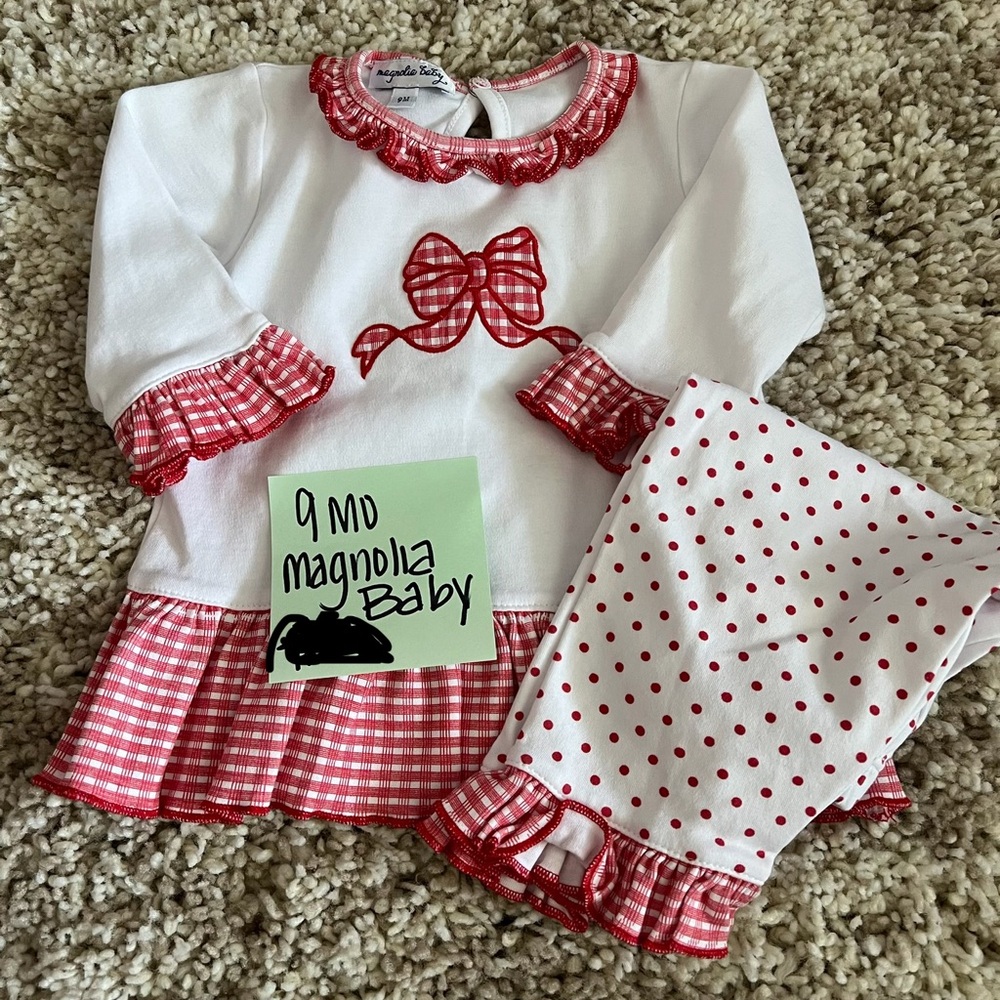Magnolia Baby Girls White & Red Bow Matching Set